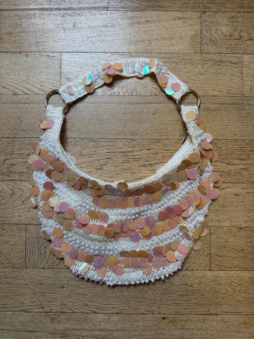 Beaded Sequin White Shoulder Bag with Iridescent Beige Discs